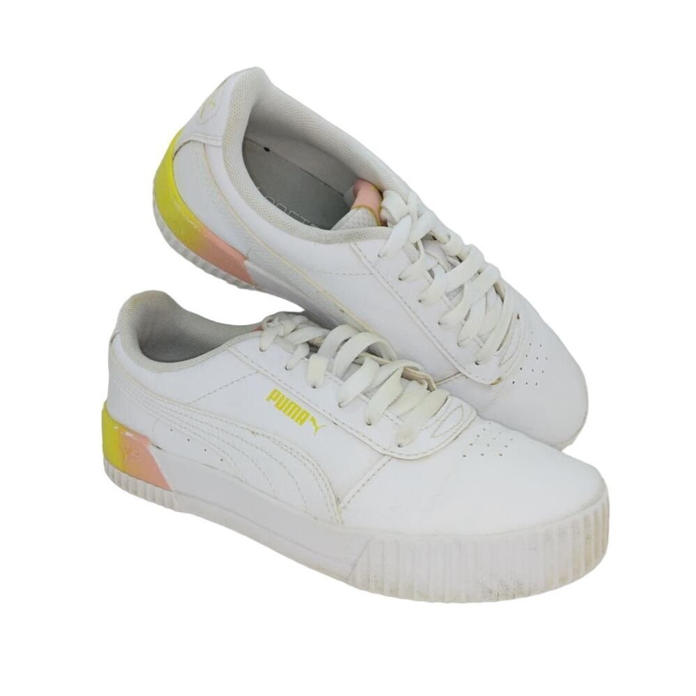 PUMA CARMA Summer Fade Girls Pre-owned White w/Yellow Fade Sneakers - sz. 5 1/2C